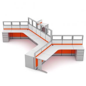 Render of 120 Degree 6-Person Workstations with Pedestal Cabinets