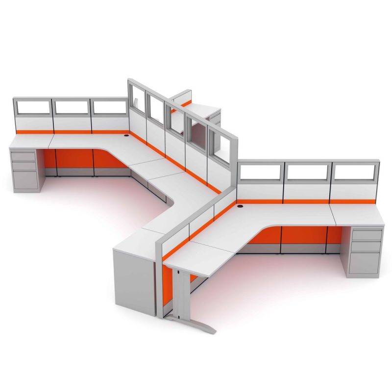 Render of 120 Degree 6-Person Workstations with Pedestal Cabinets