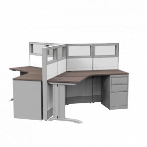 Render of 120 Degree 3-Person Workstations with Desks and Pedestal Cabinets