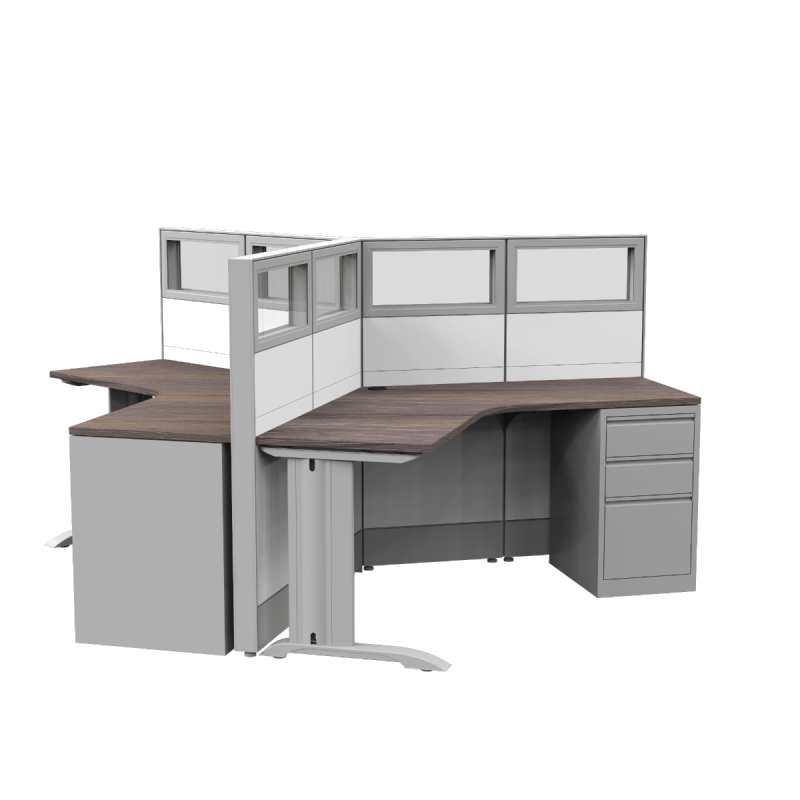 Render of 120 Degree 3-Person Workstations with Desks and Pedestal Cabinets