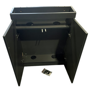 Front view of the cabinet showing the laminate doors open and the adjustable floor mounts.