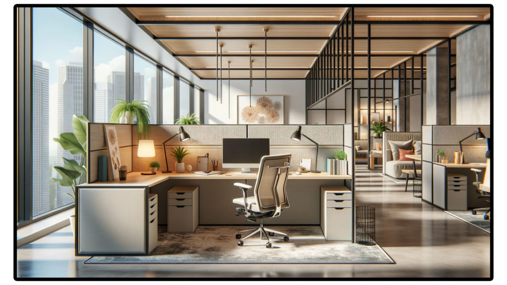 A cozy office cubicle with an l-shaped desk, bbf cabinets, adjustable chair, and small accent rug