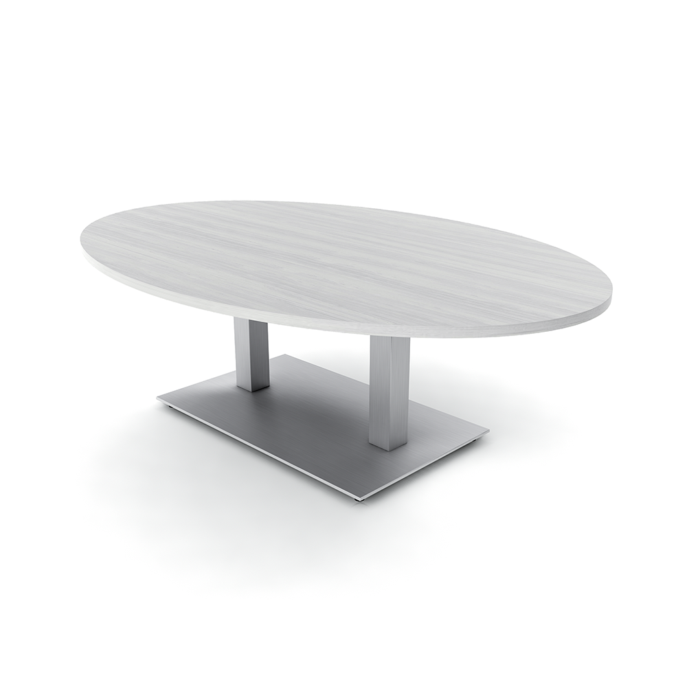 45X60 white cypress oval coffee table with silver double post base.