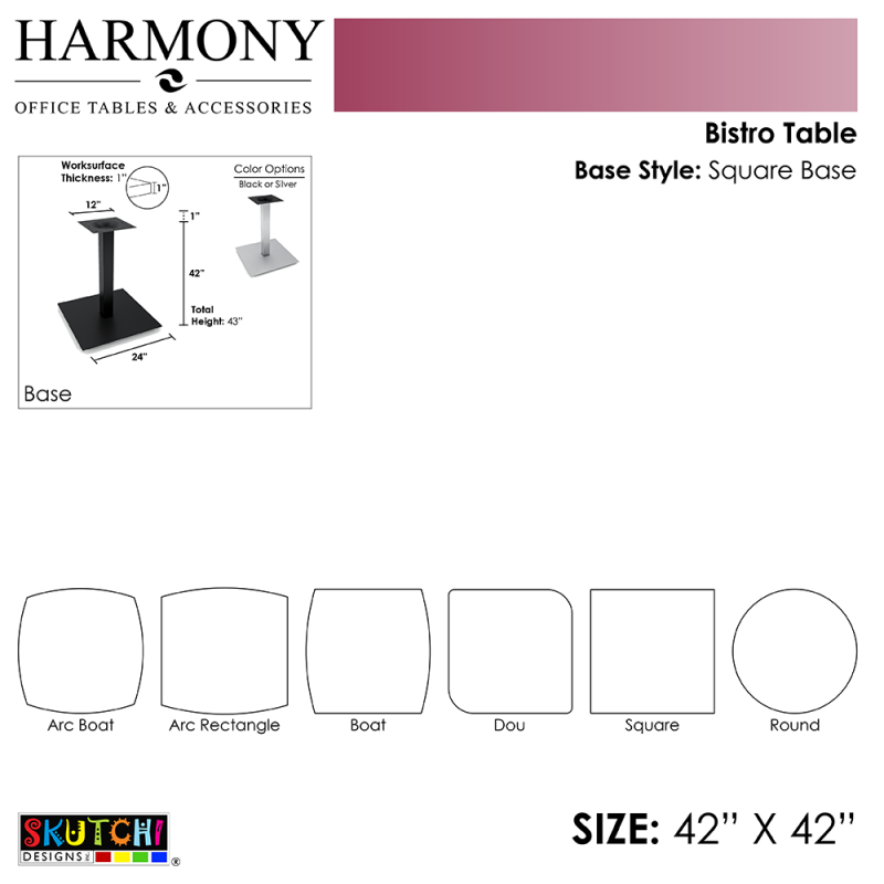 Harmony Series Square Base and 42x42 Table Top Diagram