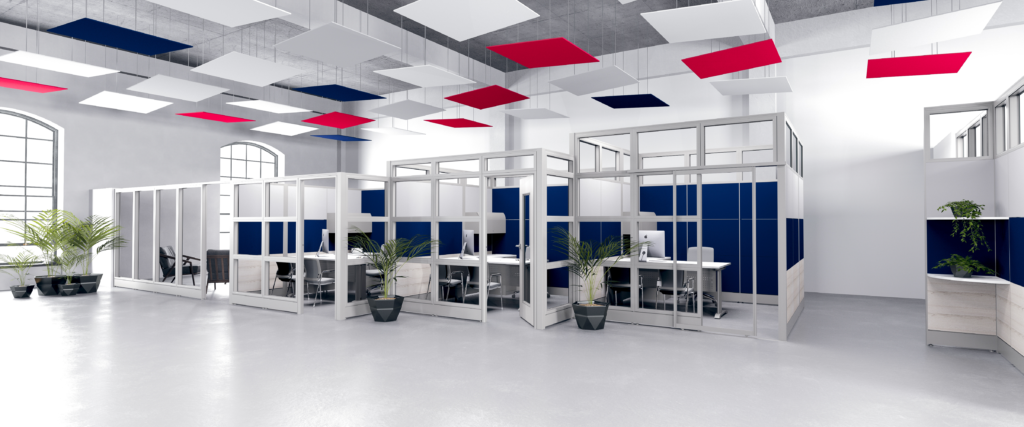 a series of small office created using interior wall system called the Sapphire Wall System by SKUTCHI Designs
