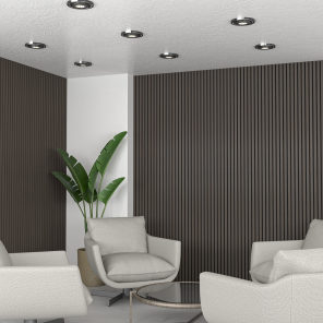 eSCAPE Acoustic Series Wood Slat Wall Hickory Smoke Scene