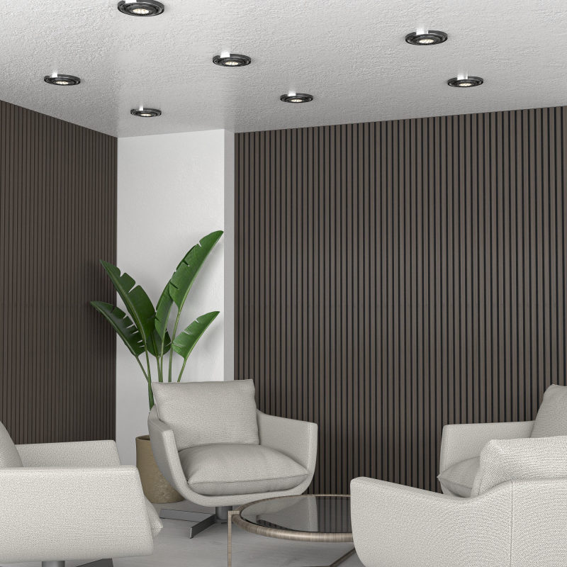 eSCAPE Acoustic Series Wood Slat Wall Hickory Smoke Scene